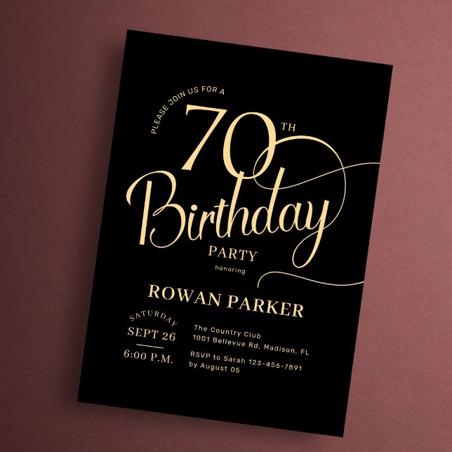 Black Gold 70th Birthday Elegant Script Invitation (Creator Uploaded)