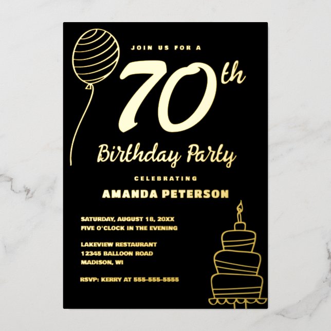 Black Gold 70th Birthday Party Real Gold Foil Invitation (Front)