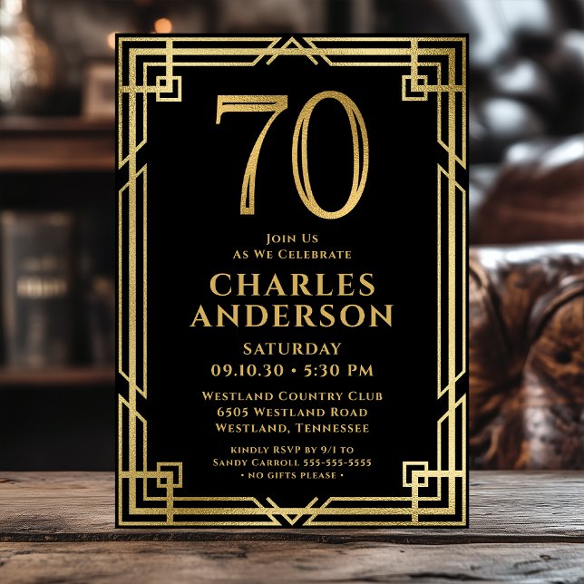 Black Gold 70th Birthday Photo Invitation (Creator Uploaded)