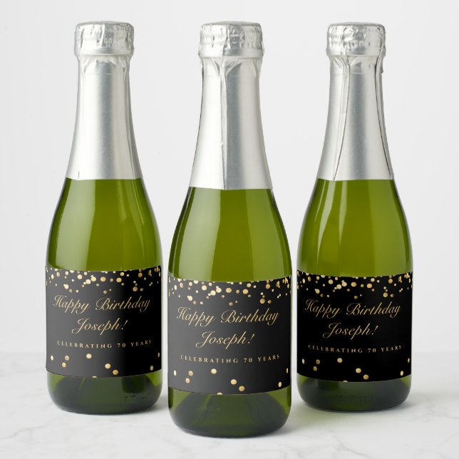 Black & Gold 70th Birthday Sparkling Wine Label (Bottles)