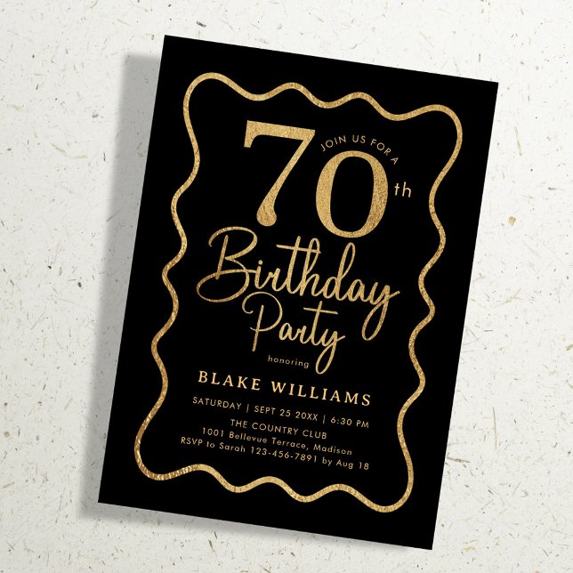 Black Gold 70th Birthday Wavy Border Invitation (Creator Uploaded)