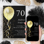 Black & Gold | 70th Glitter Balloon Birthday  Invitation<br><div class="desc">Celebrate your special day in style with our black and gold glitter balloon birthday invitation! This stunning customizable invitation features a sleek black background with an eye-catching gold balloon and a cascade of gold glitter, creating a sophisticated and festive design that will make your guests feel excited to attend your...</div>