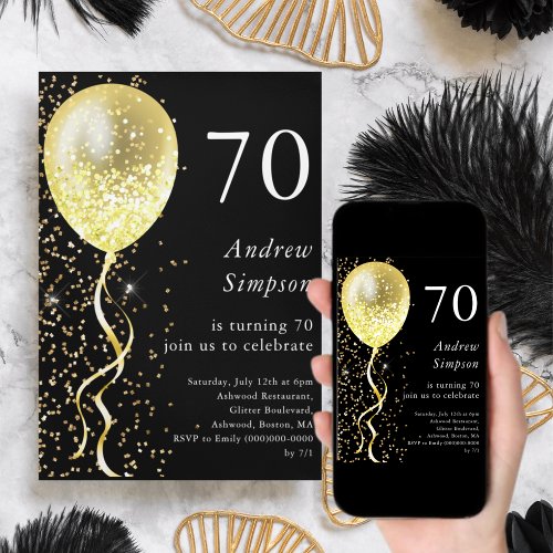 Black  Gold  70th Glitter Balloon Birthday  Invitation