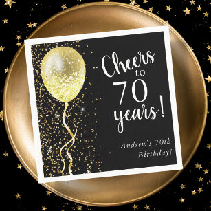Black & Gold   70th Glitter Balloon Birthday  Napkins