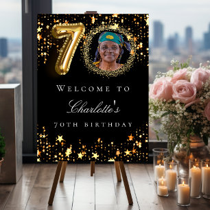 Black gold 70th photo birthday party welcome foam board