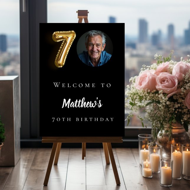 Black gold 70th photo birthday party welcome foam board (Creator Uploaded)