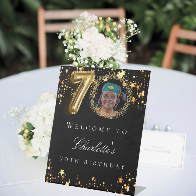 Black gold 70th photo birthday party welcome pedestal sign (Creator Uploaded)