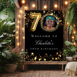 Black gold 70th photo birthday party welcome poster<br><div class="desc">A welcome poster for a 70th birthday party. Black background and faux gold colored stars. Personalize and add a name and photo.</div>