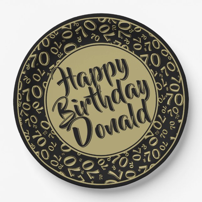 Black/Gold 70th Random Number Pattern Paper Plates (Front)