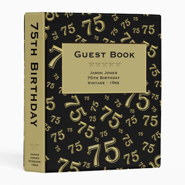 Black/Gold 75th Birthday - 75 Pattern Guest Book Mini Binder (Front/Spine)