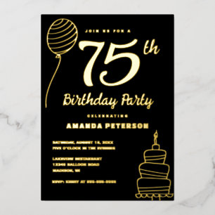 Black Gold 75th Birthday Party Real Gold Foil Invitation
