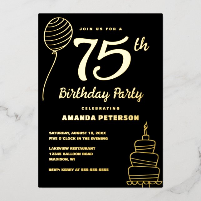Black Gold 75th Birthday Party Real Gold Foil Invitation (Front)