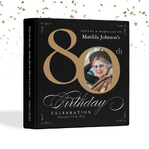 Black Gold 80th Birthday Calligraphy Elegant Photo 3 Ring Binder