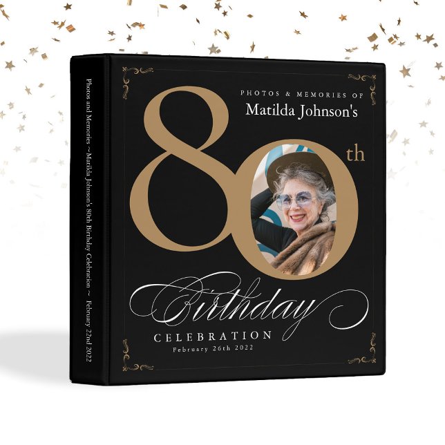 Black Gold 80th Birthday Calligraphy Elegant Photo 3 Ring Binder (Black Gold 80th Birthday Calligraphy Elegant Photo 3 Ring Binder)