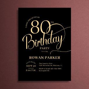 Black Gold 80th Birthday Elegant Script Invitation