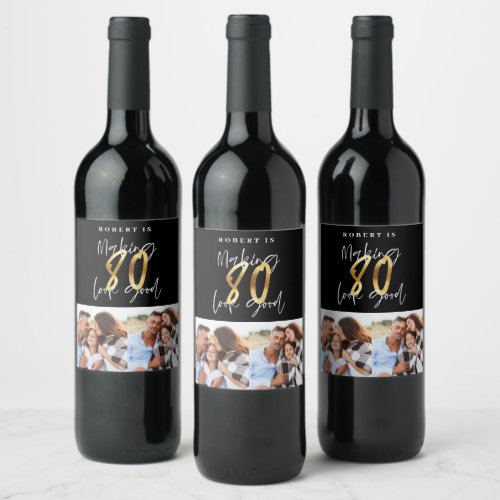 Black gold 80th birthday multi photo party  wine label