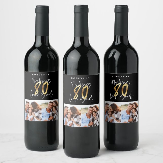 Black gold 80th birthday multi photo party  wine label (Bottles)