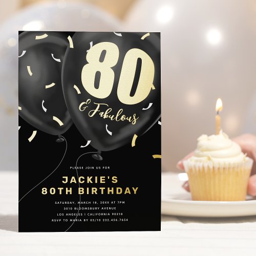 Black Gold 80th Birthday Party Foil Invitation