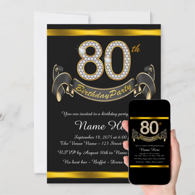 Black Gold 80th Birthday Party Invitation | Zazzle