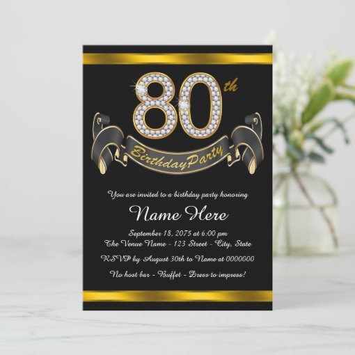 Black Gold 80th Birthday Party Invitation | Zazzle