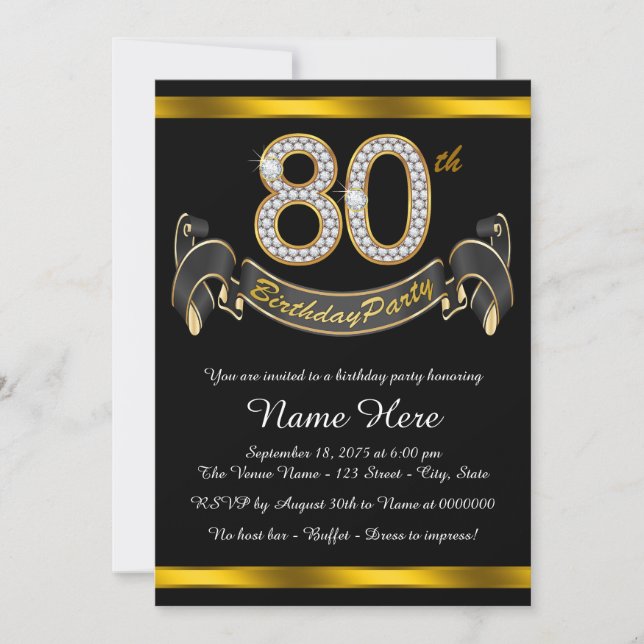 Black Gold 80th Birthday Party Invitation (Front)