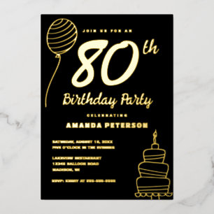 Black Gold 80th Birthday Party Real Gold Foil Invitation