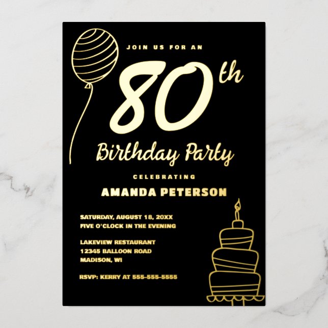 Black Gold 80th Birthday Party Real Gold Foil Invitation (Front)