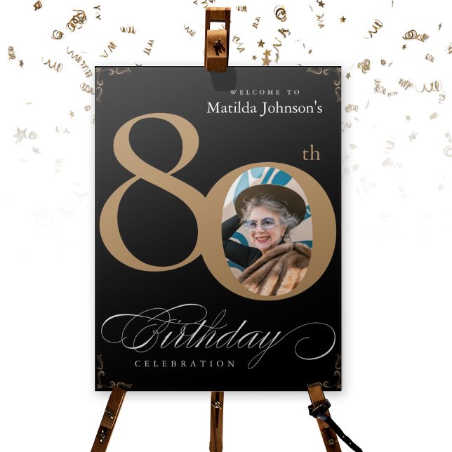 Black Gold 80th Birthday Party Welcome Sign (80th Birthday Party Gold Black Welcome Sign Board)