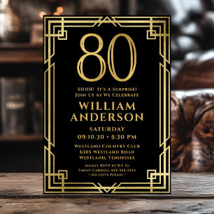 Black Gold 80th Birthday Photo Surprise Party Invitation