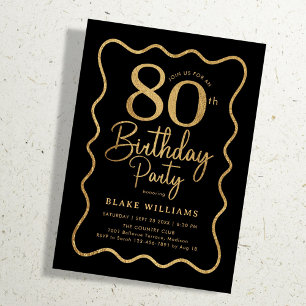 Black Gold 80th Birthday Wavy Border Invitation