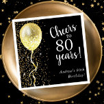 Black & Gold | 80th Glitter Balloon Birthday  Napkins<br><div class="desc">Customizable 80th birthday napkins featuring gold glitter and a gold glitter balloon,  on a black background.</div>