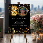 Black gold 80th photo birthday party welcome foam board<br><div class="desc">A welcome board for a 80th birthday party. Black background and faux gold colored stars. Personalize and add a name and photo. 
Back: no design.</div>