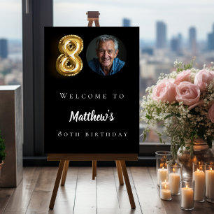 Black gold 80th photo birthday party welcome foam board