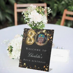 Black gold 80th photo birthday party welcome pedestal sign