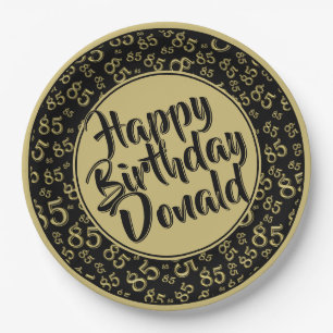 Black/Gold 85th Random Number Pattern Paper Plates