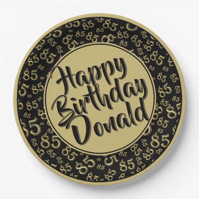 Black/Gold 85th Random Number Pattern Paper Plates (Front)