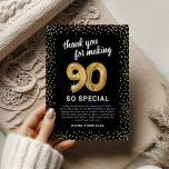 Black Gold 90th Adult Birthday Thank You Card<br><div class="desc">Elegant ninetieth birthday party thank you cards featuring a stylish black background that can be changed to any color,  gold sparkly glitter,  ninety gold hellium balloons,  and a modern thank you template that is easy to personalize.</div>