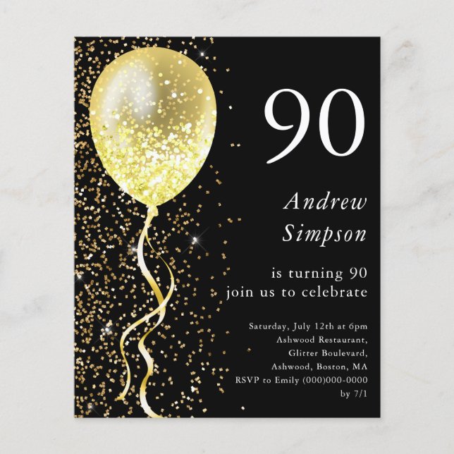 Black & Gold 90th Birthday Budget Invitation (Front)