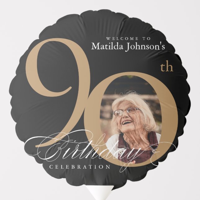 Black Gold 90th Birthday Calligraphy Custom Photo Balloon (Front)