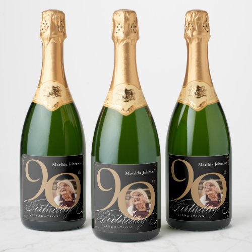 Black Gold 90th Birthday Calligraphy Elegant Photo Sparkling Wine Label