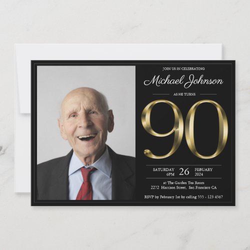 Black Gold 90th Birthday Chic Classy Custom Photo 