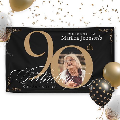 Black Gold 90th Birthday Elegant Calligraphy Photo Banner