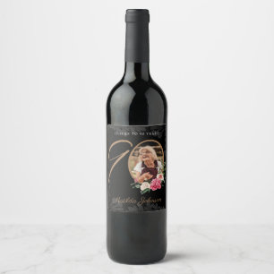 Black Gold 90th Birthday Floral Classy Custom Wine Label