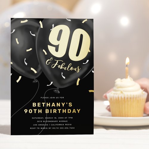Black Gold 90th Birthday Party Foil Invitation