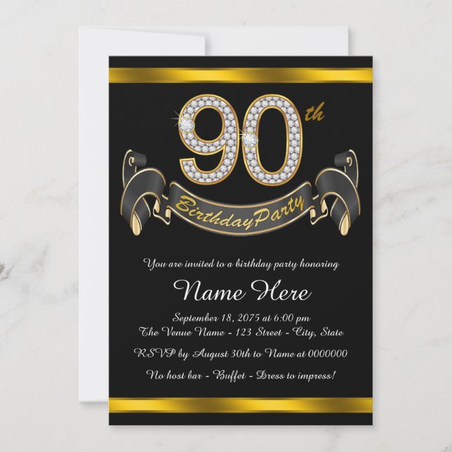 Black Gold 90th Birthday Party Invitation (Front)