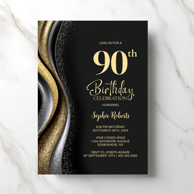 Black Gold 90th Birthday Party Invitation (Creator Uploaded)