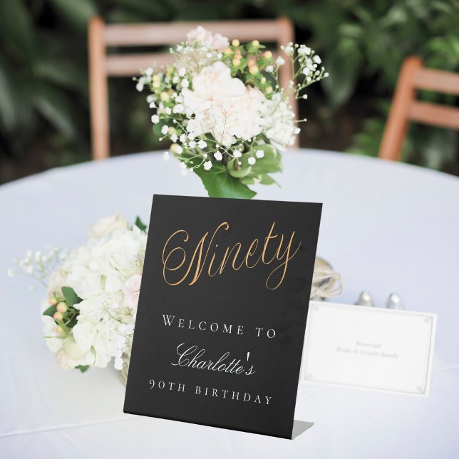 Black gold 90th birthday party welcome pedestal sign (Creator Uploaded)