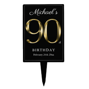 Black Gold 90th Birthday Solid Typography Elegant  Cake Topper