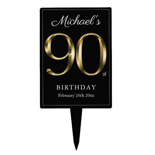Black Gold 90th Birthday Solid Typography Elegant  Cake Topper (Front)
