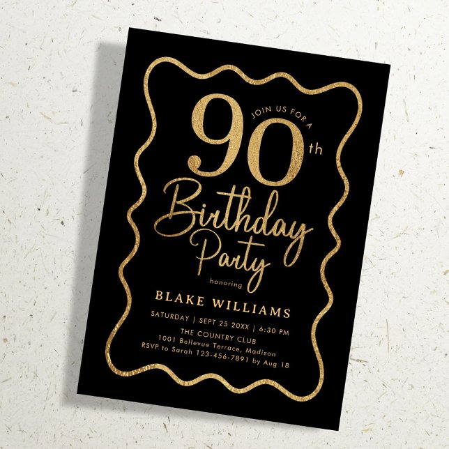 Black Gold 90th Birthday Wavy Border Invitation (Creator Uploaded)